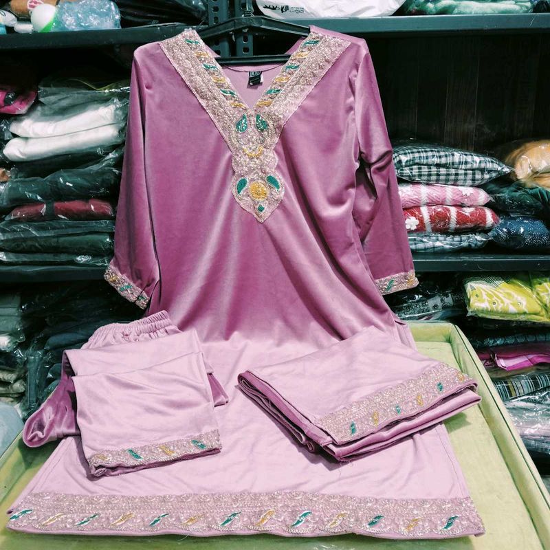 V Neck Embroidery Work Kurti Set