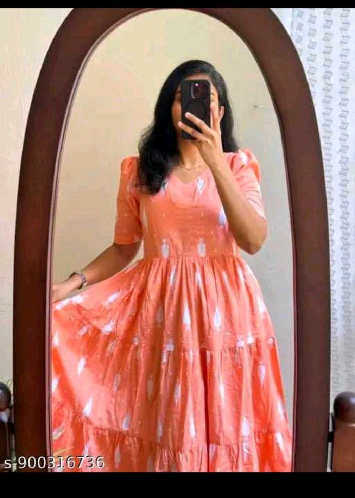 Peach Tiered Maxi Dress with Abstract Print