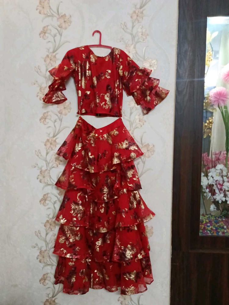 Red Floral crop top and long skirt