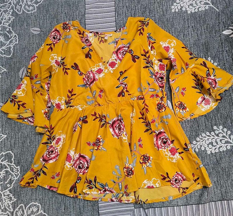 Chic Yellow Floral Bell Sleeve Top