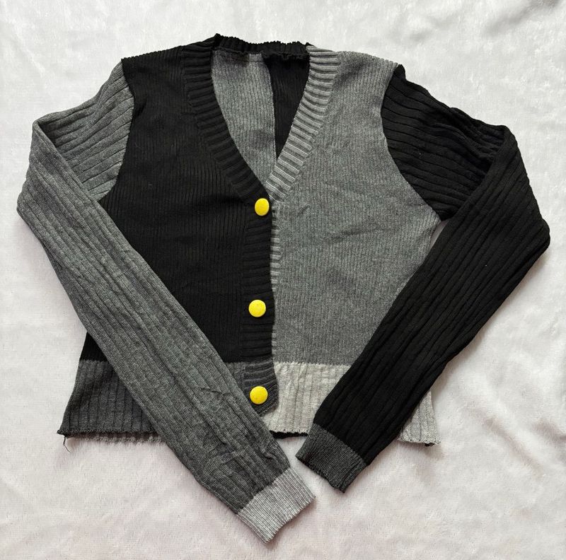 Patchwork Cardigan with Yellow Buttons