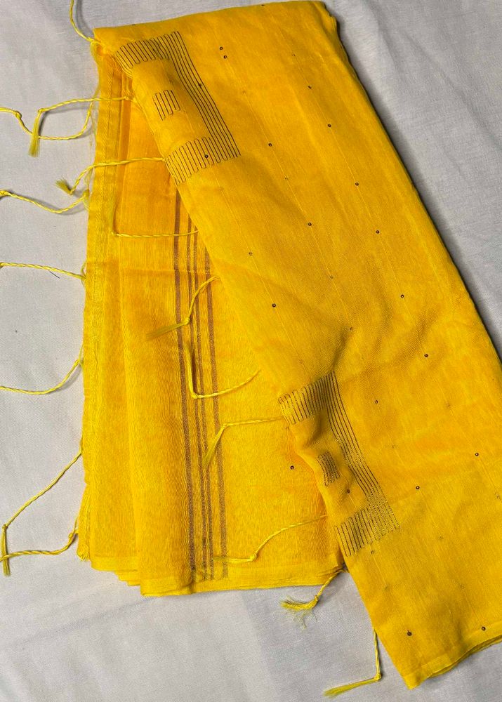 Yellow Cotton Silk Saree with Zari &amp; Sequins