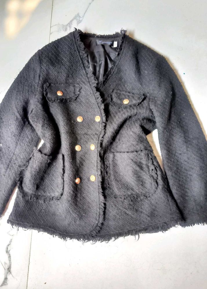 Chic Black Boucle Double-Breasted tweed Jacket