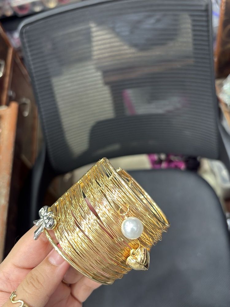 Gold Wire-Wrapped Cuff Bracelet with Pearl