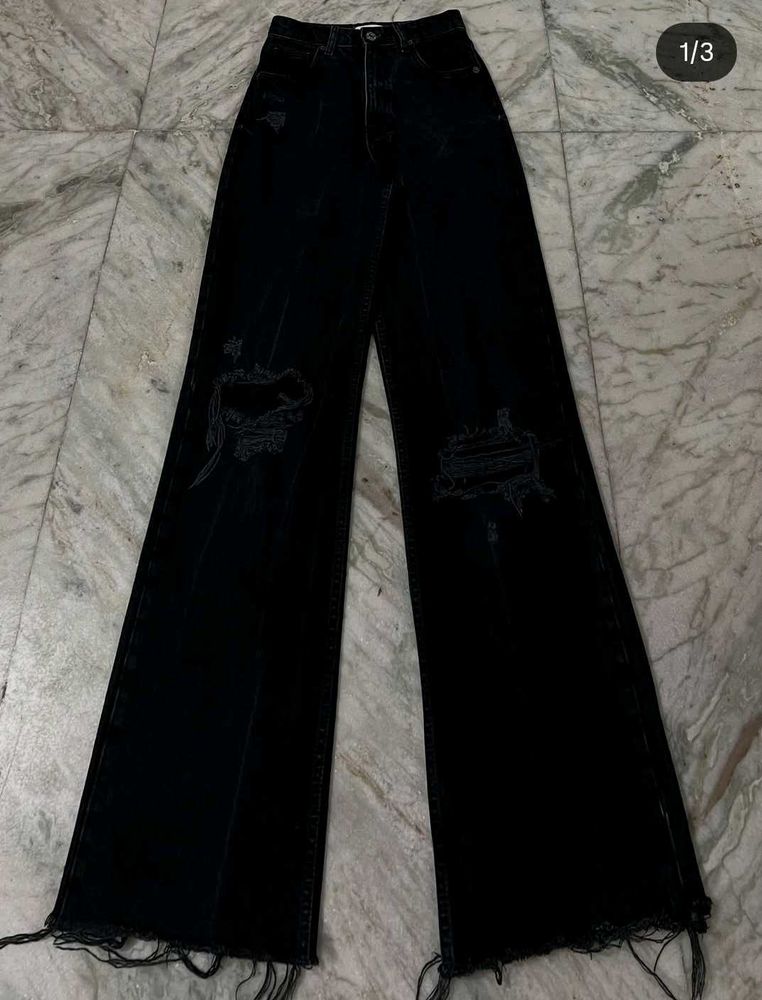 Zara Black Wide Leg Ripped Jeans