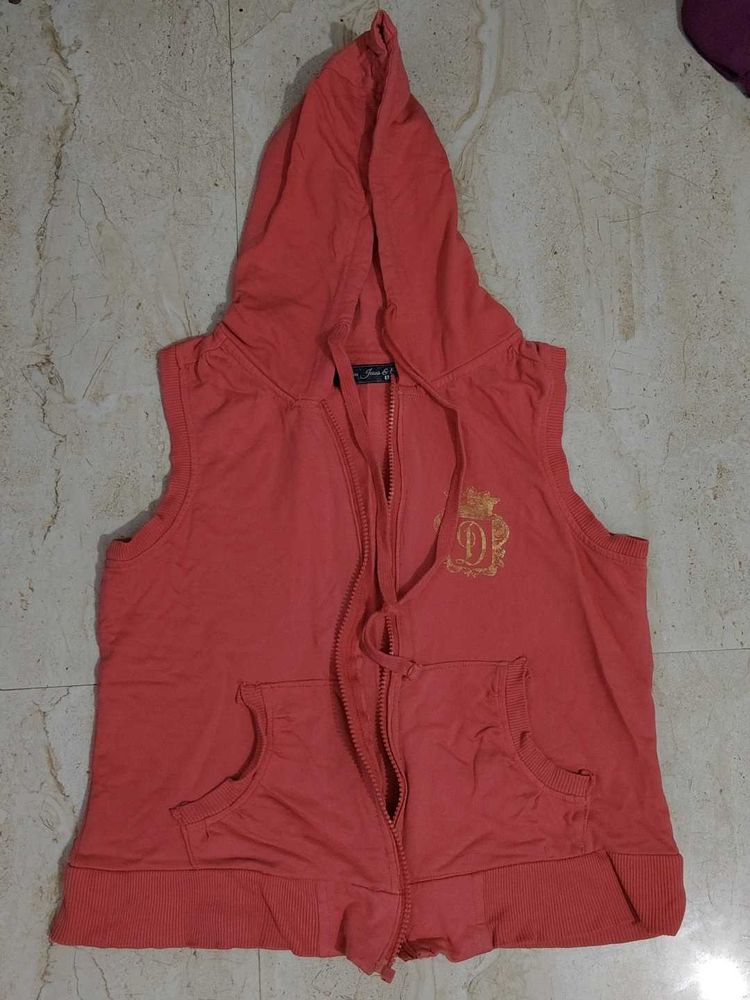 Coral Hooded Sleeveless Zip-Up Vest