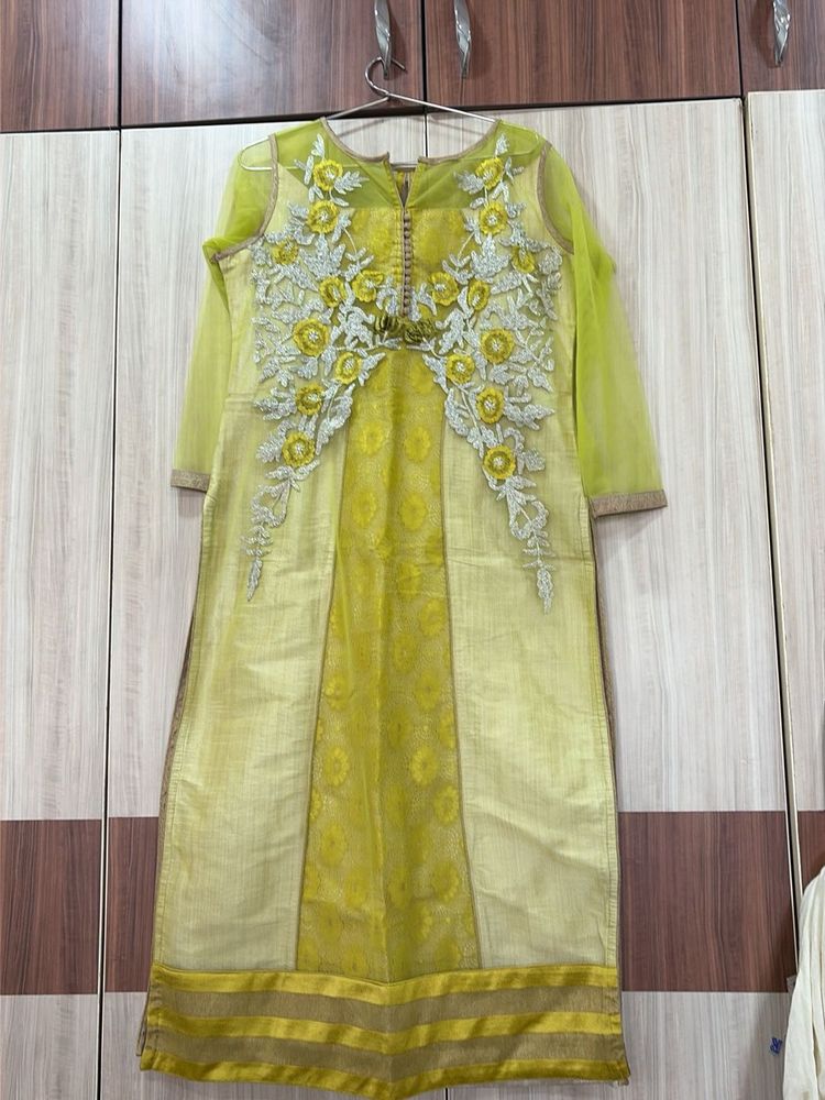 Elegant Lime Green Embroidered Kurta with Net