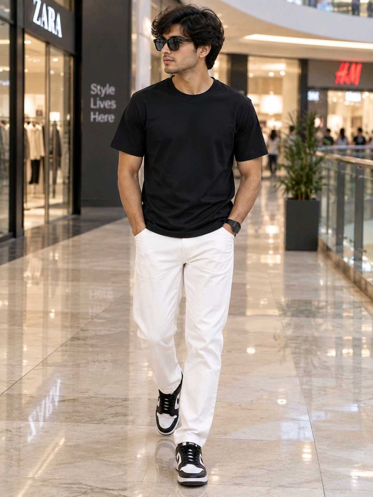 Men's Black T-Shirt with White Pants