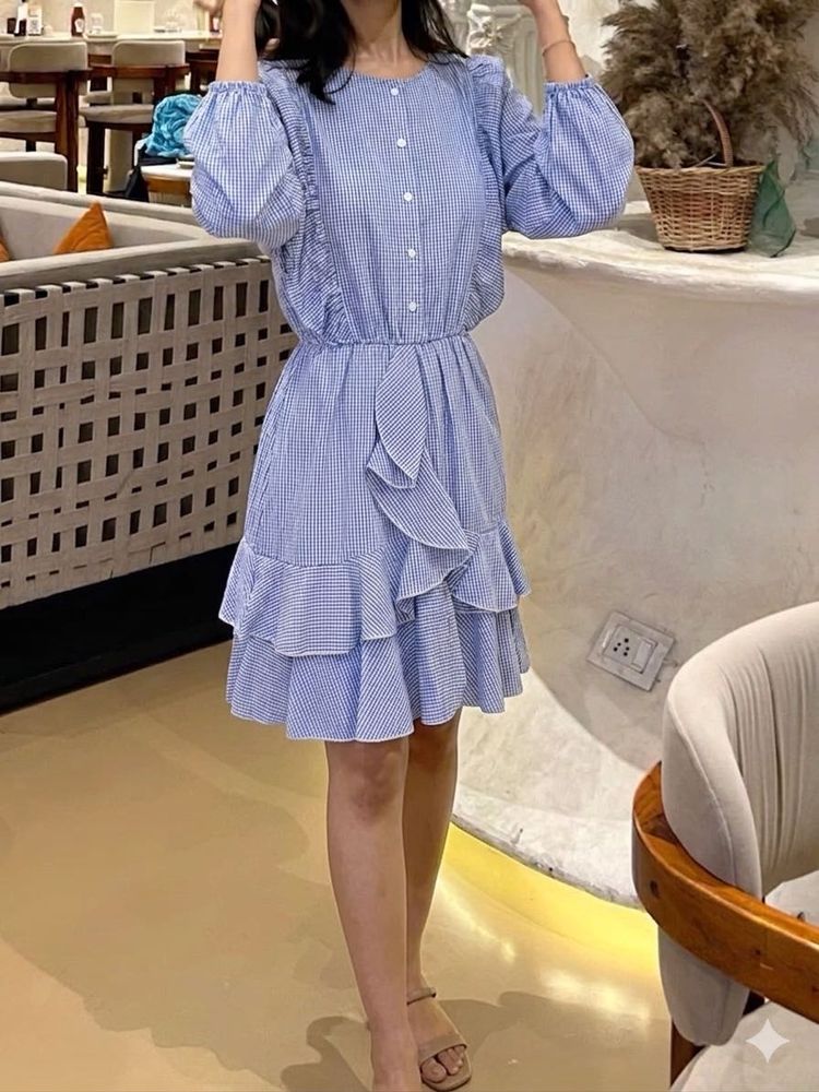 Blue Gingham Tiered Ruffle Dress
