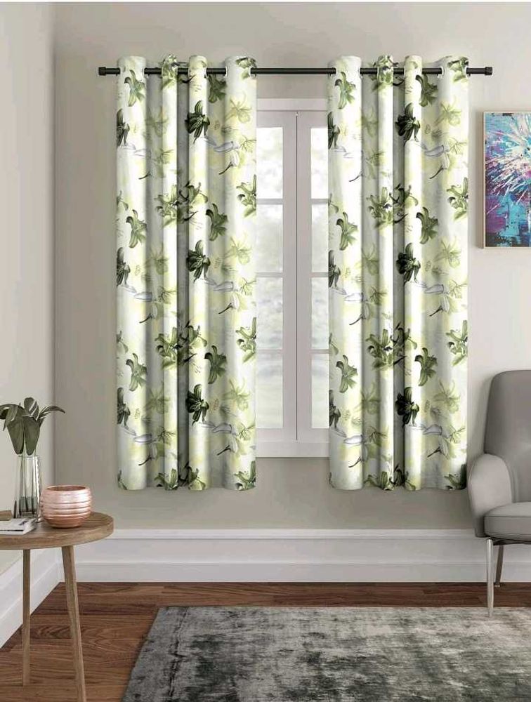 Pack Of 2 Green Floral Print Window Curtains