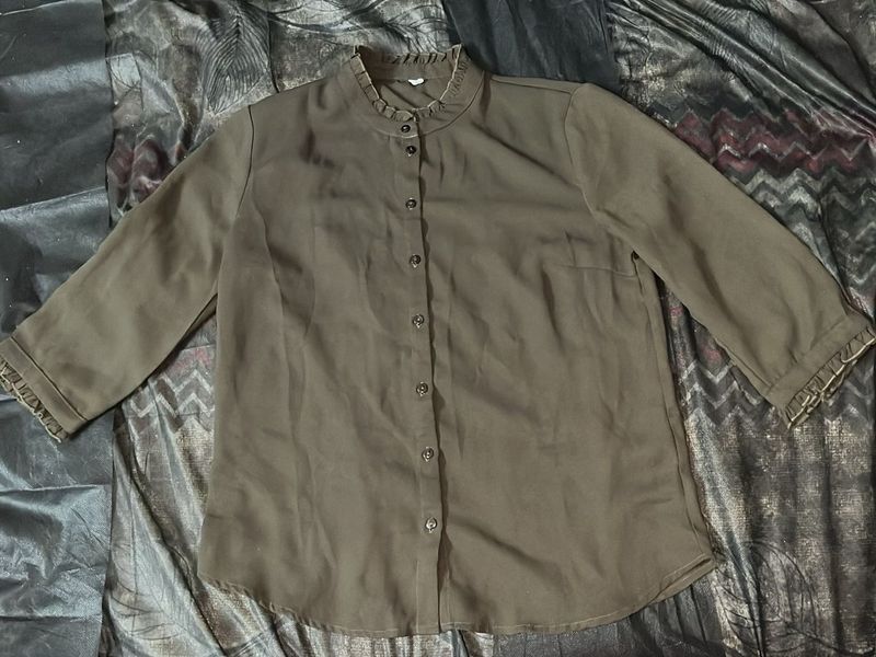 Sheer Ruffled Neck Shirt Top