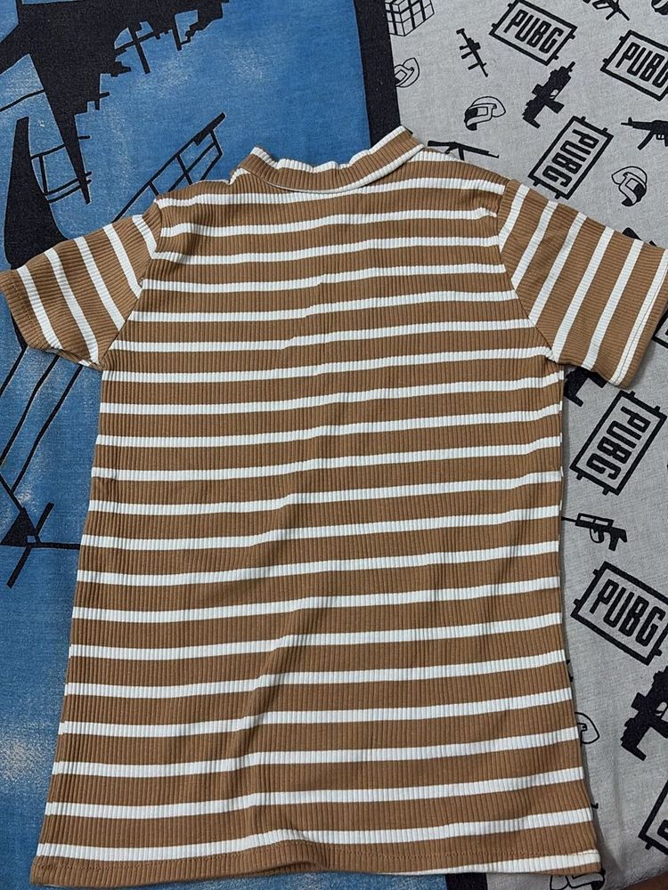 Brown &amp; White Striped Ribbed Top