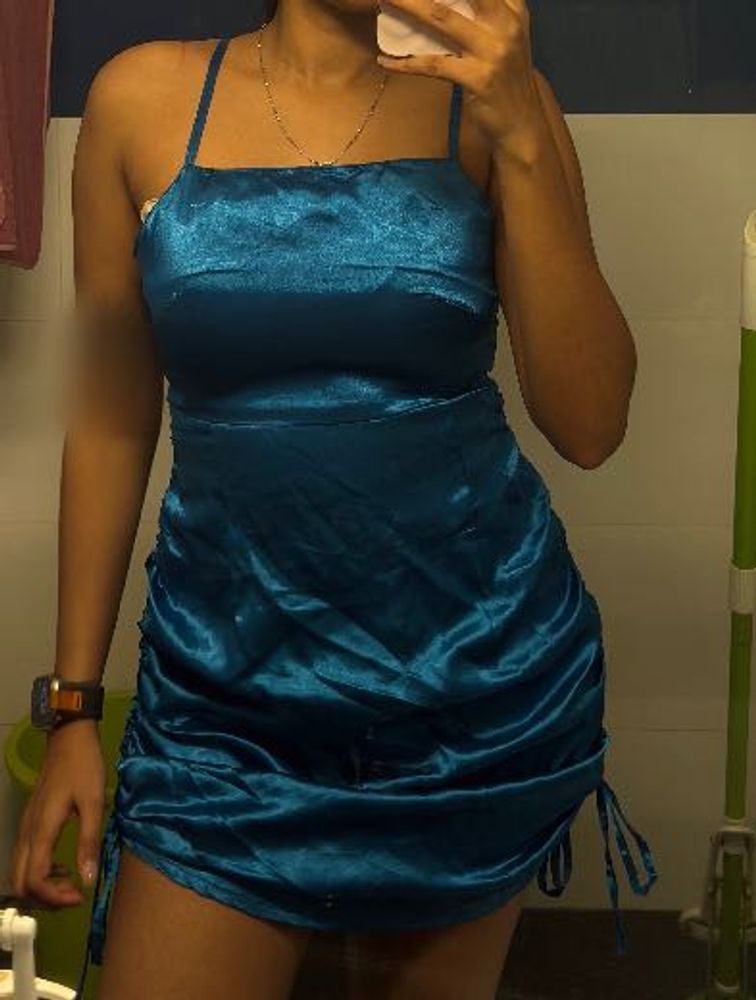 Stunning Teal Ruched Satin Dress