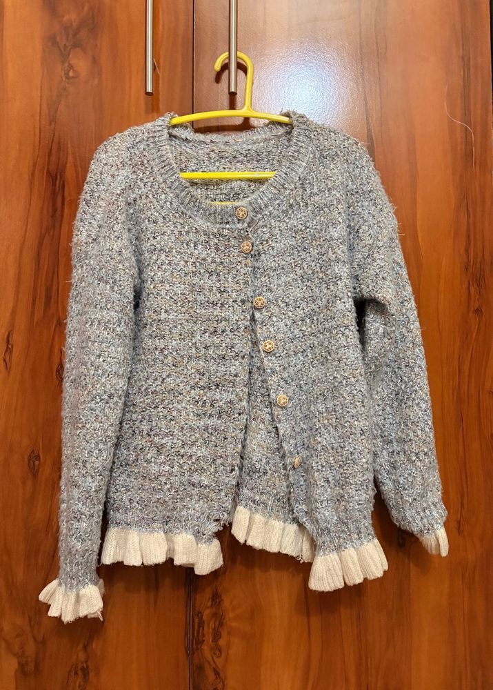 Cozy Ruffle Tweed Trim Cardigan