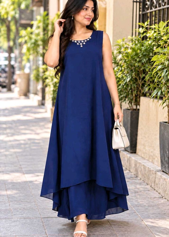 Elegant Navy Blue Gown with Embellished Neckline
