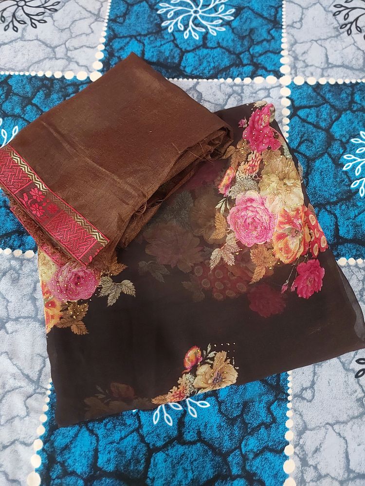 Brown Flower Print Saree With Blouse Pis