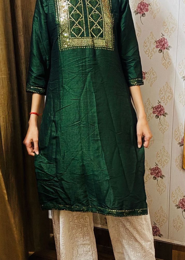 Elegant Emerald Green Kurta with white palazzo