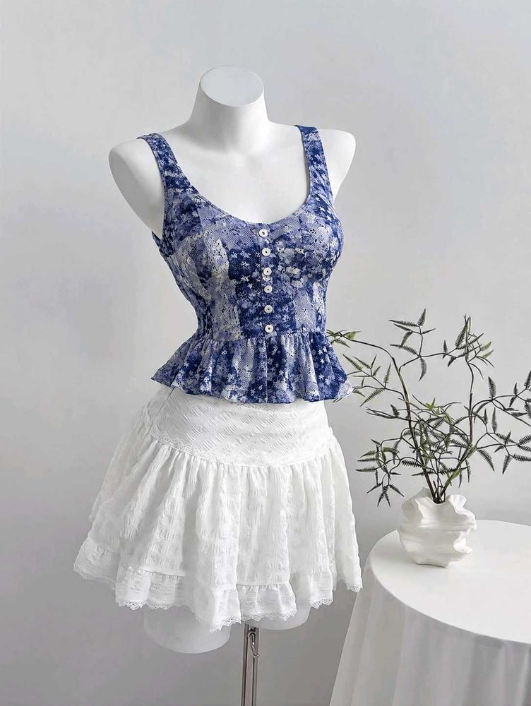 Boho Blue Floral Smocked Button-Up Top