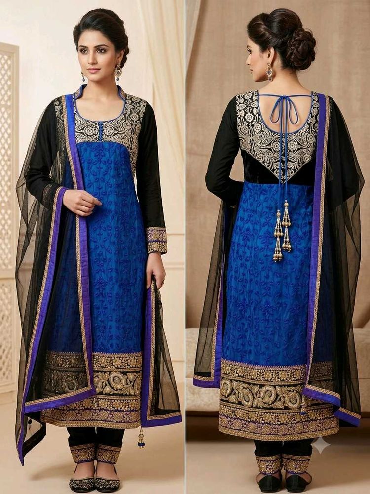 Elegant Blue &amp; Black Embroidered Kurta Set