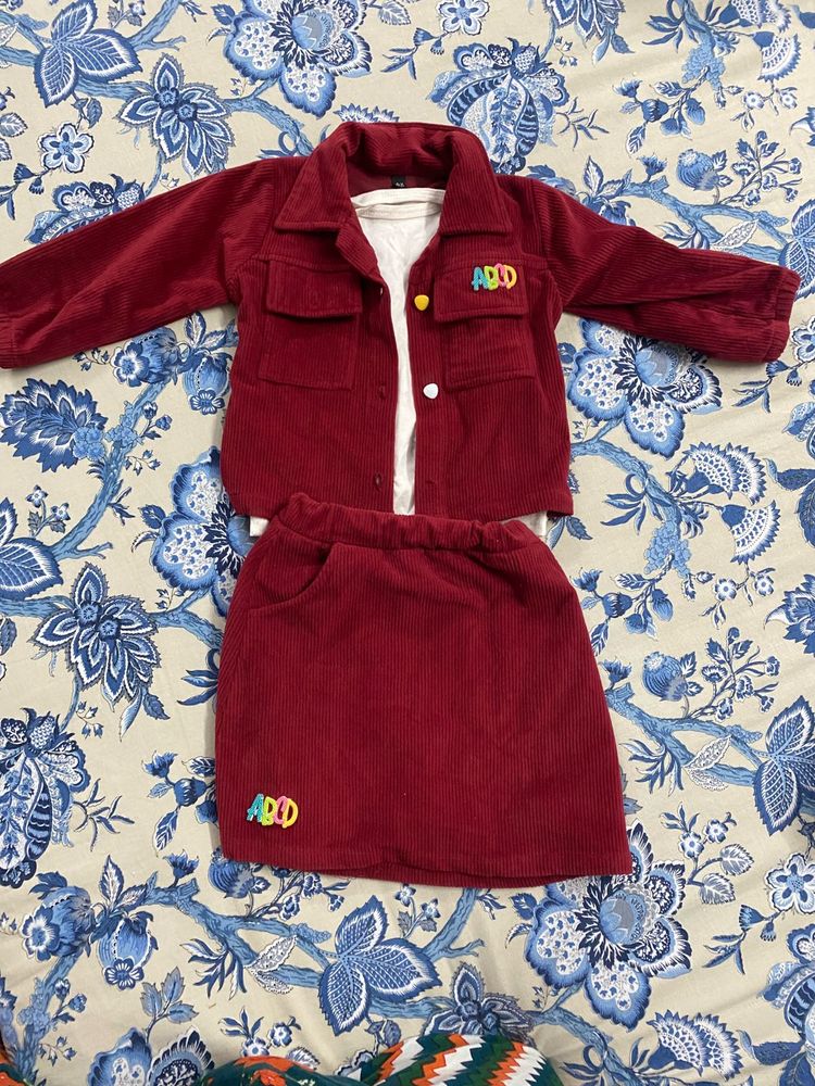 Adorable Girl's Burgundy Skirt Set