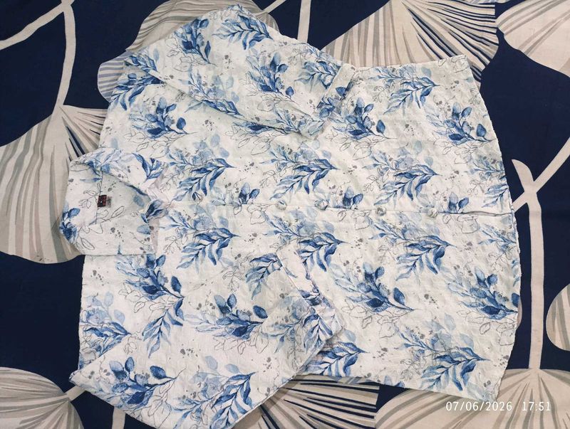 White n Blue Floral Print Top