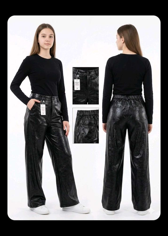 Chic Black Faux Leather Wide Leg Pants