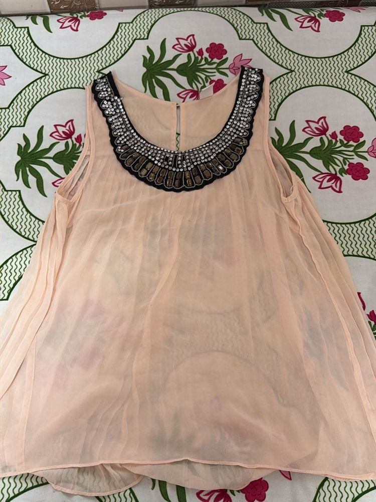 Sheer Beaded Neckline Top