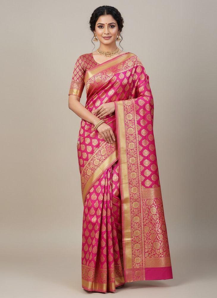 Pink &amp; Gold Banarasi saree with blouse piece9