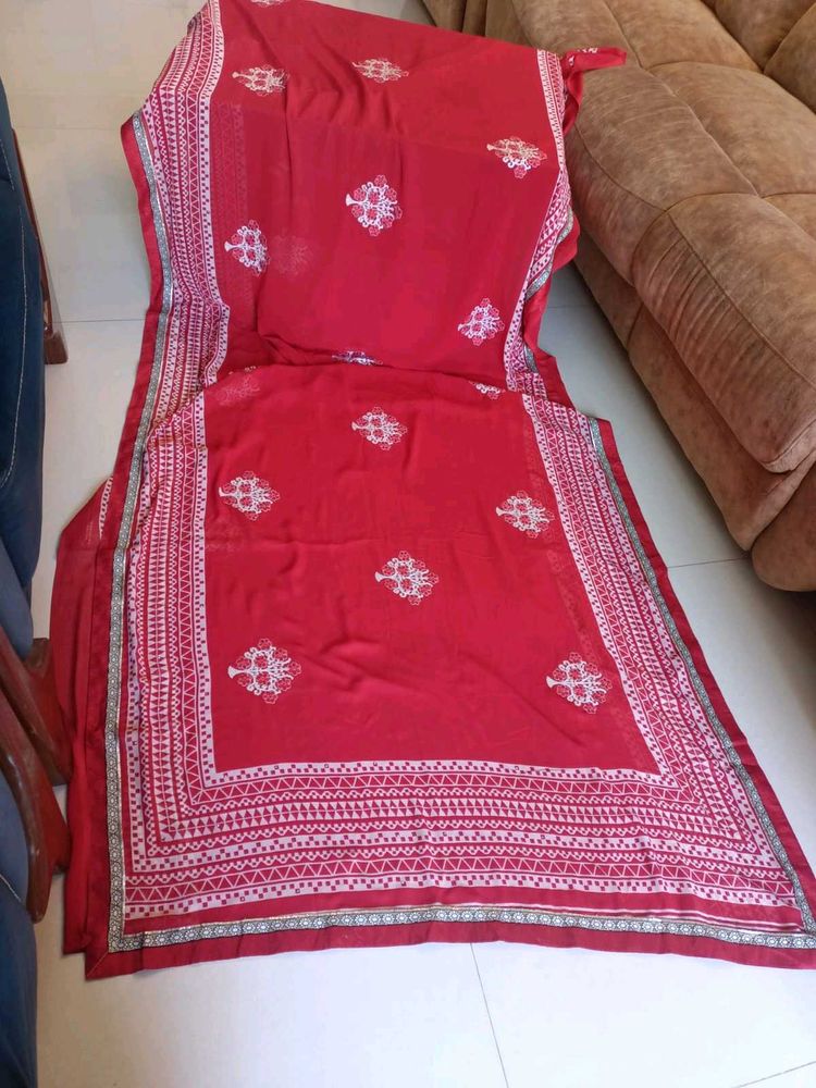 Red white  Bordered Embroidered Saree