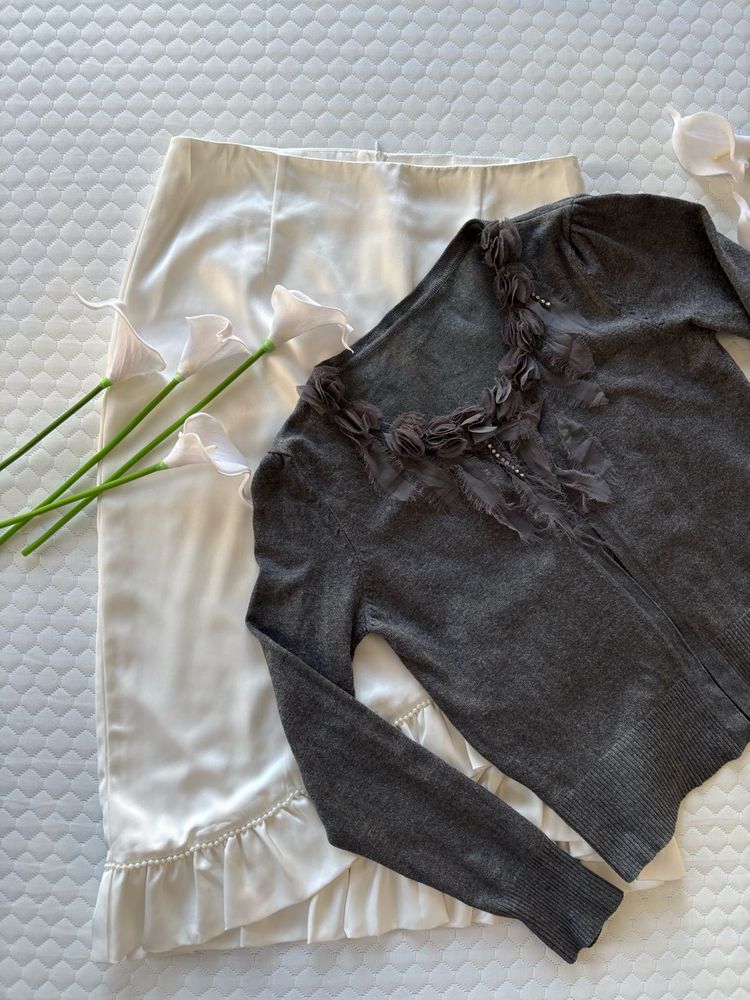 Elegant Grey Cardigan with Embellished Neckline