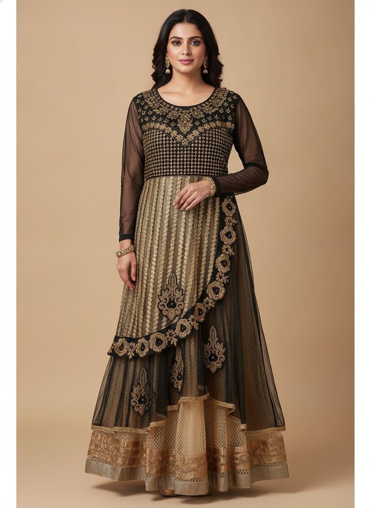 Elegant Black &amp; Gold Embellished Gown
