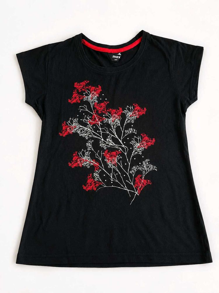 Black T-Shirt with Red Floral Print