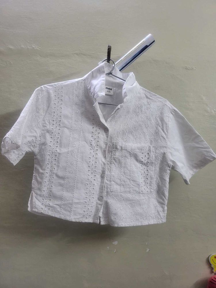 White Broderie Anglaise Cropped Shirt not wearing