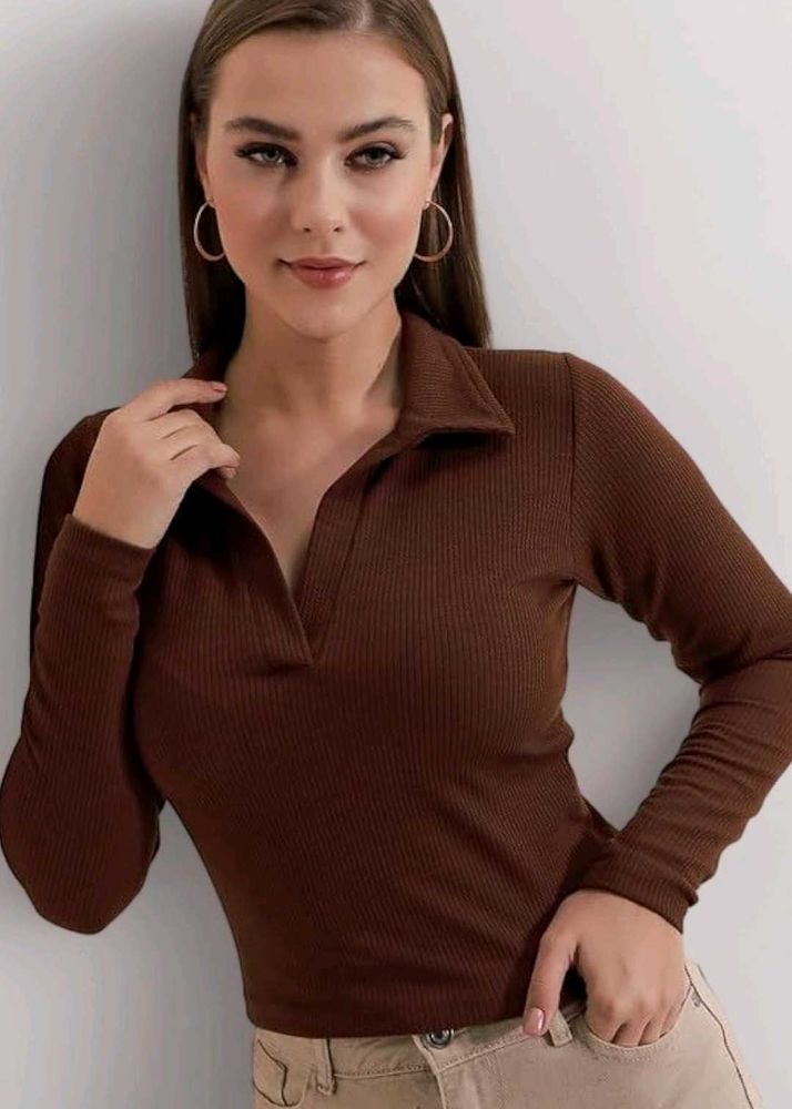 Ribbed Long Sleeve Collared Top