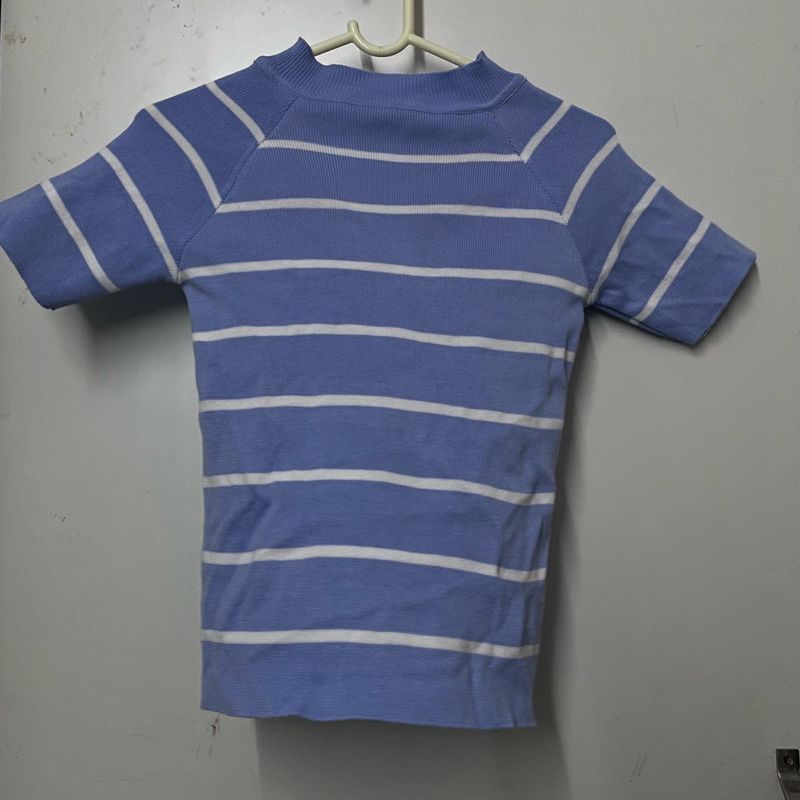 Blue Striped Mock Neck Top