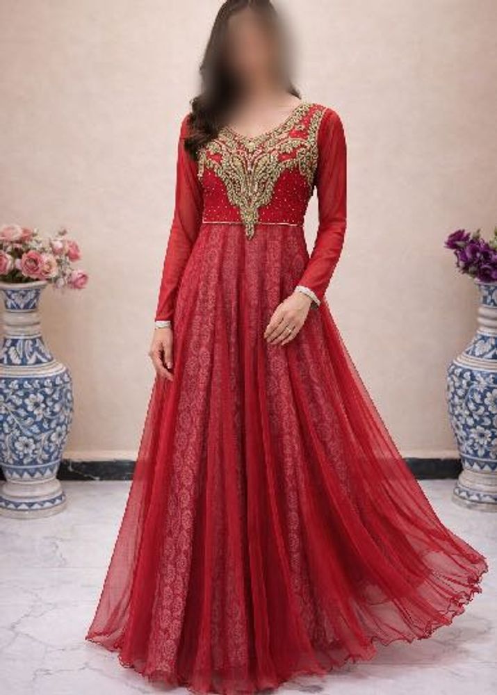 handwork Red Ethnic Gown with Embellishments