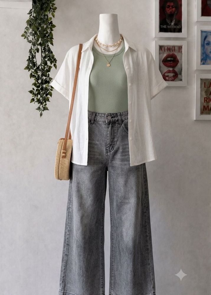 Grey Wide-Leg Denim Jeans