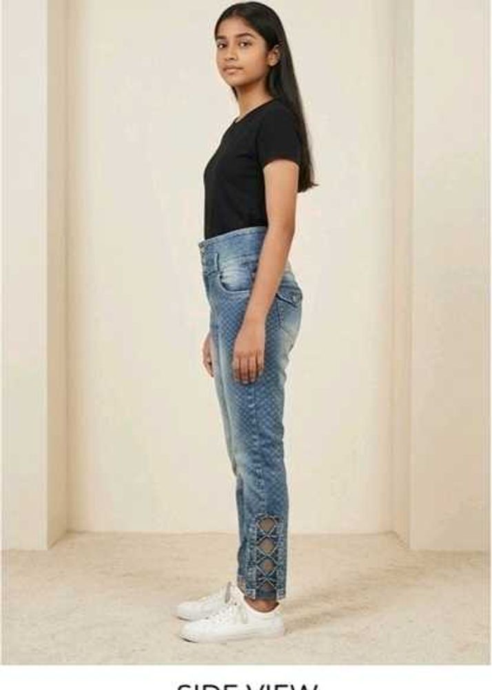 High-Waist Textured Slim Fit Blue Jeans