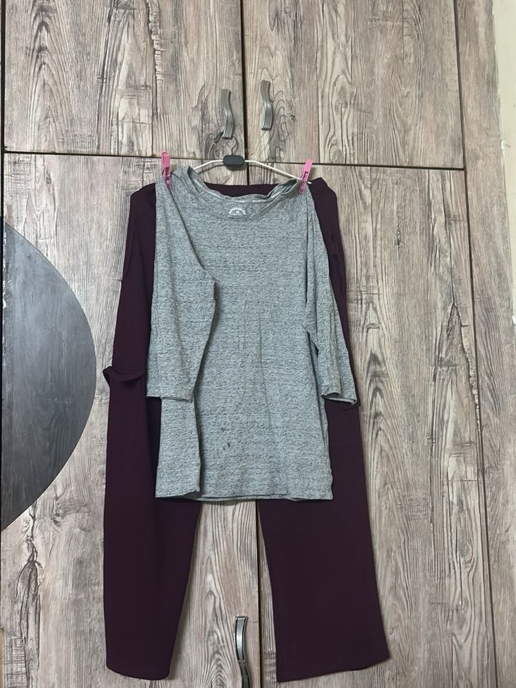 Comfortable Grey Top and Maroon Pants cum Co-ord c