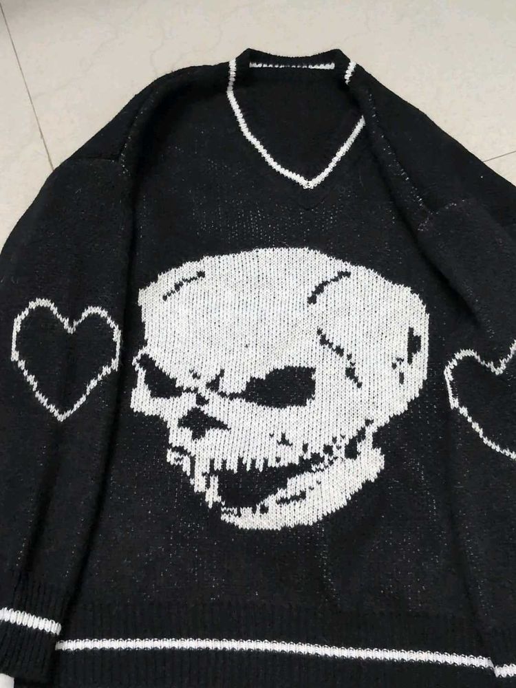 Punk Black Skull V-Neck Knit Sweater