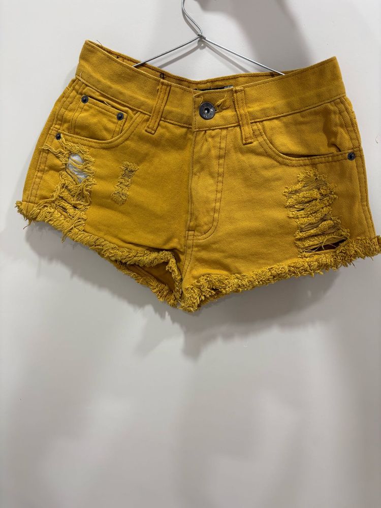 Yellow Distressed Denim Shorts