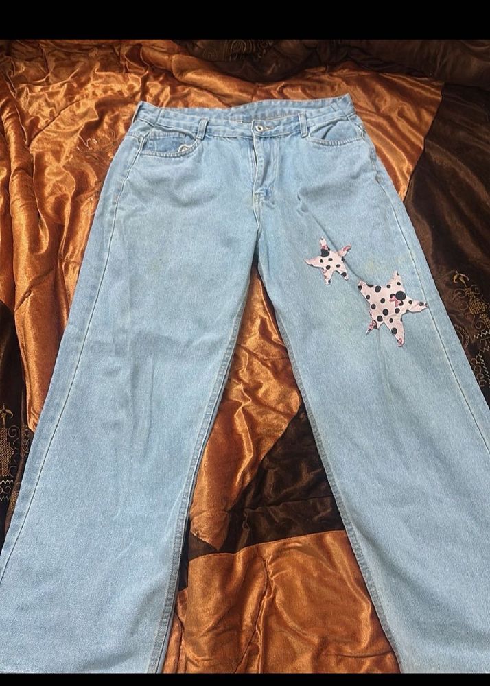 Light Wash straight Leg y2k Jeans with Star Patch