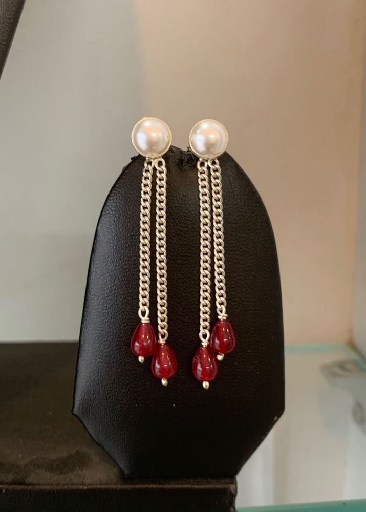 pure silver Pearl &amp; Red Drop Earrings