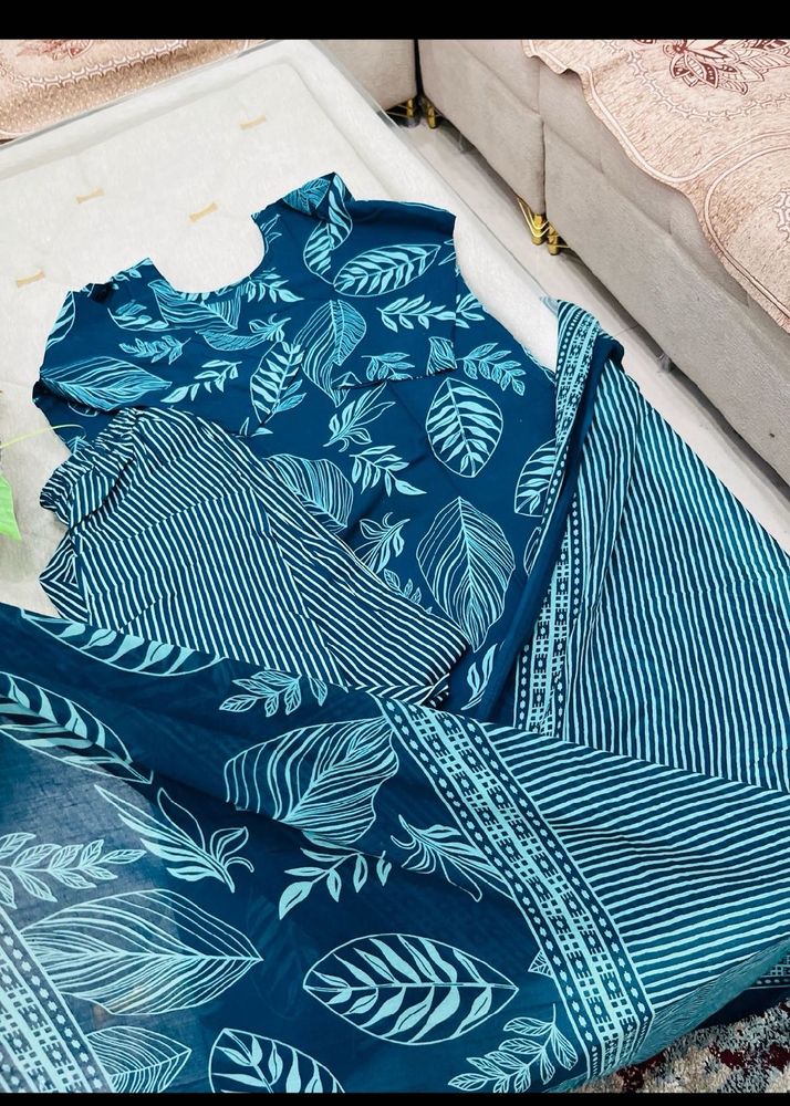 Teal Leaf Print Kurta Set