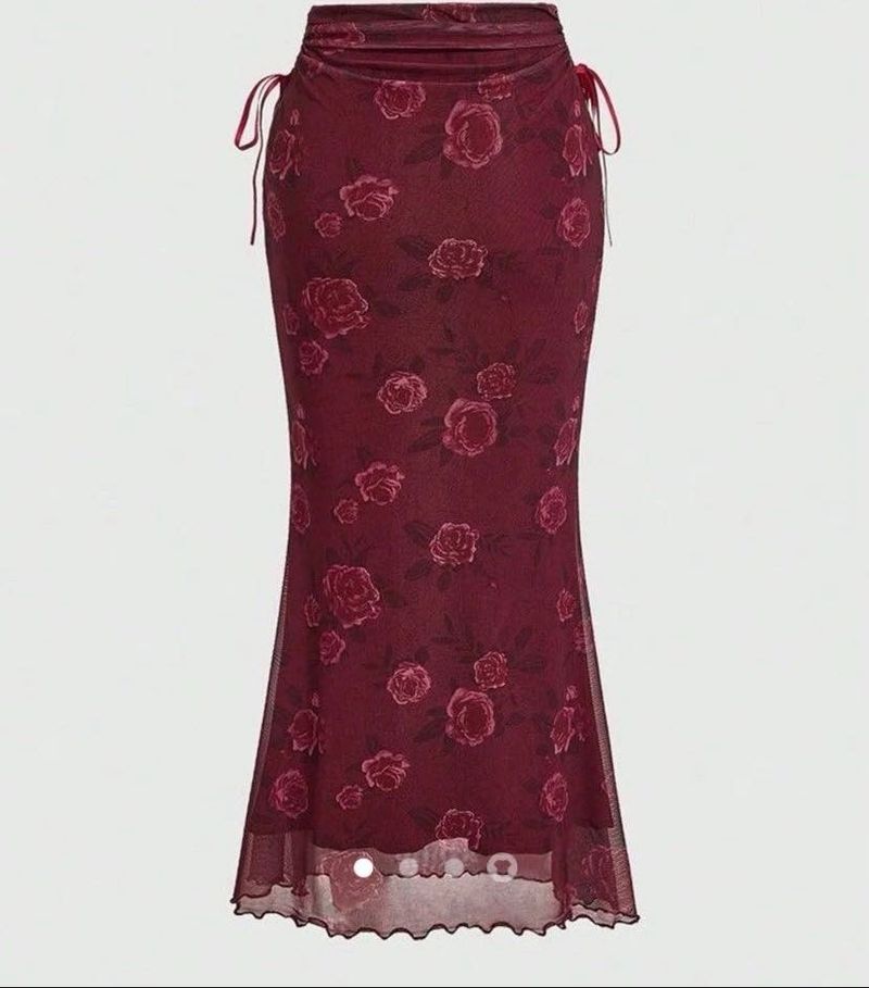 Burgundy Rose Print Mesh Maxi Skirt