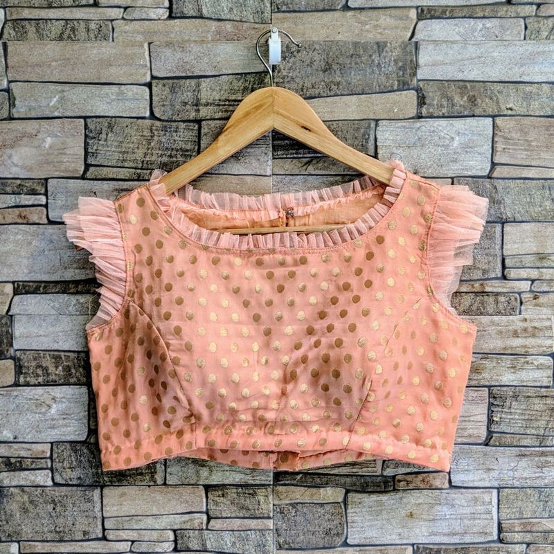 Peach Polka Dot Blouse with Ruffle Sleeves