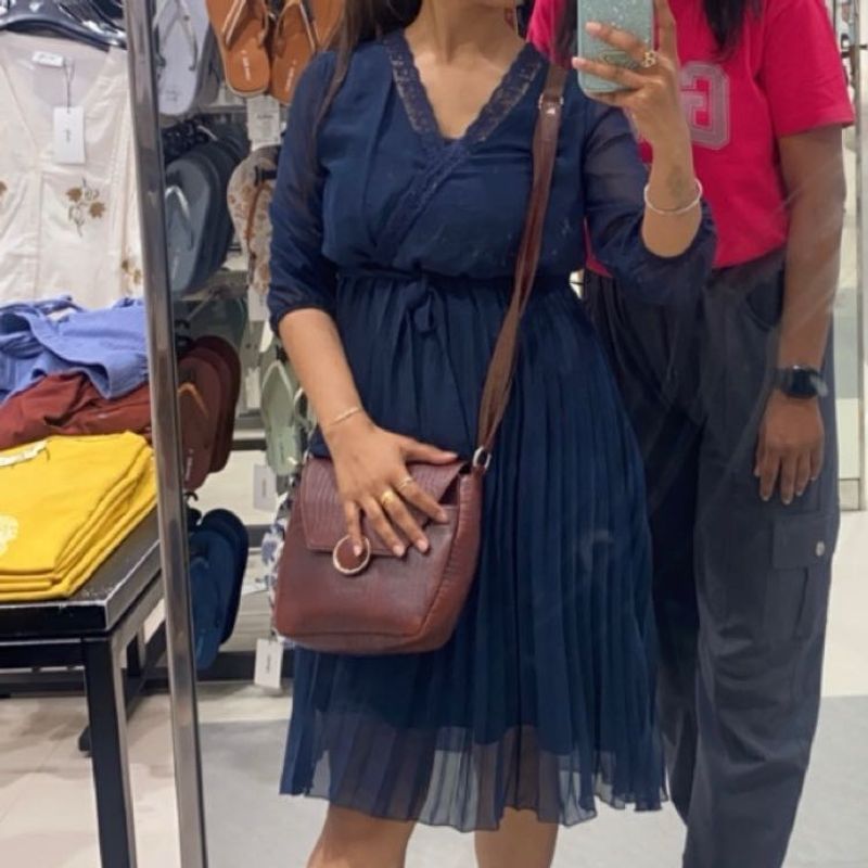 Elegant Navy Blue Pleated Dress