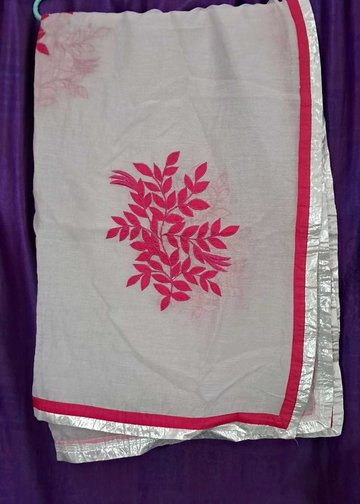 White Dupatta with Pink Embroidery