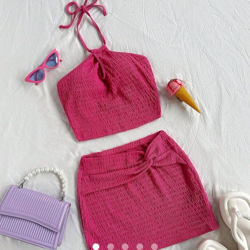 Hot Pink Textured Crop Top &amp; Skirt Set