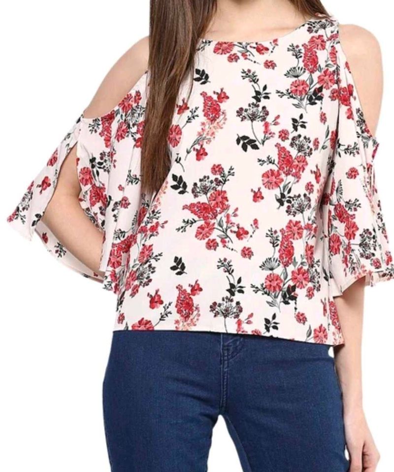 Floral Cold-Shoulder Flutter Sleeve Top